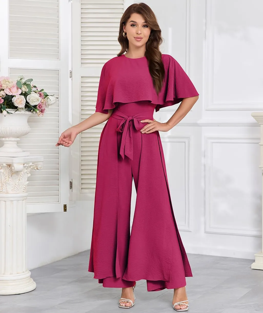 Jumpsuits for Women Dressy Summer Casual One-Piece Outfits Elegant Formal Cape Belted Wide Leg Rompers Evening Pantsuits