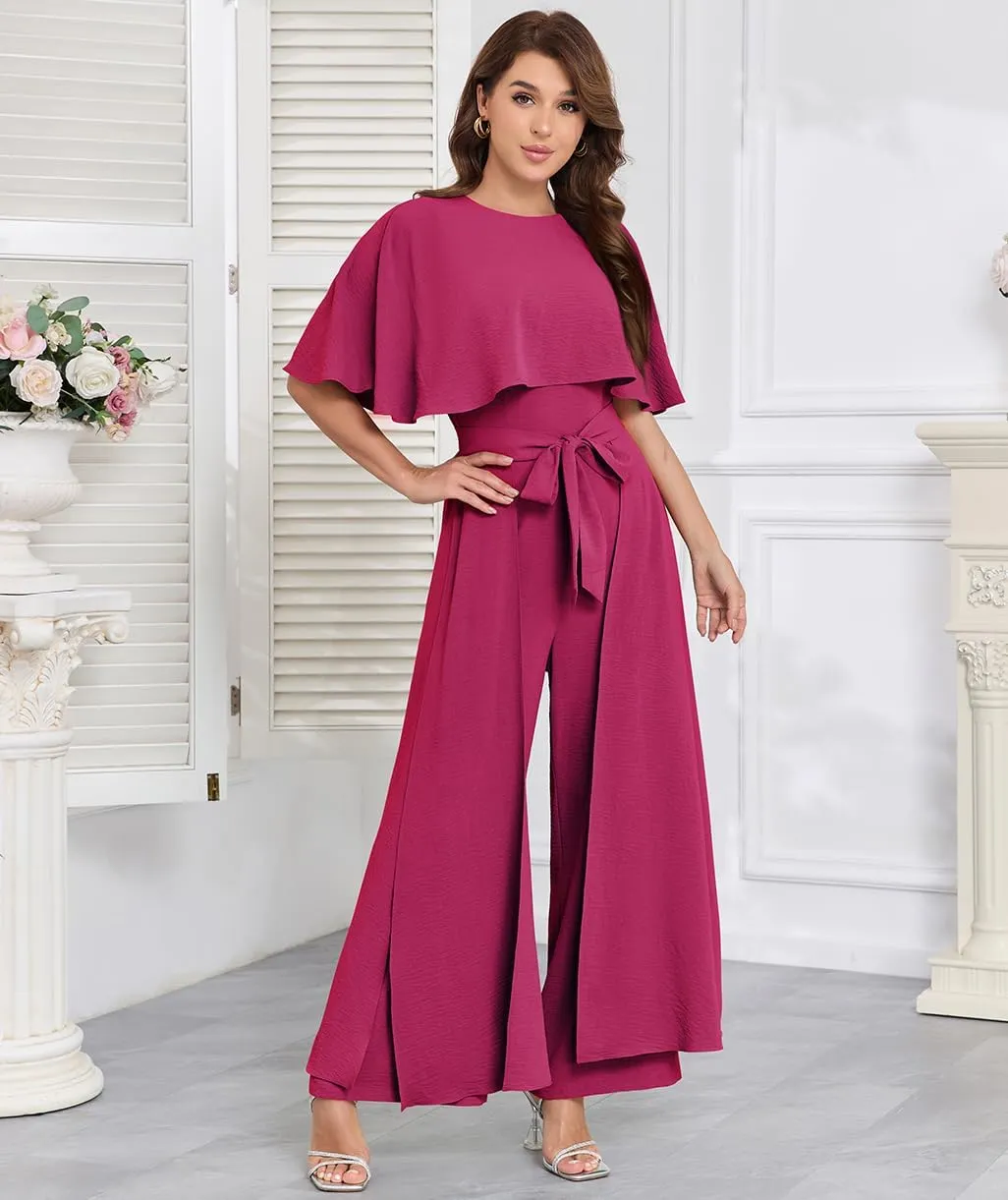Jumpsuits for Women Dressy Summer Casual One-Piece Outfits Elegant Formal Cape Belted Wide Leg Rompers Evening Pantsuits