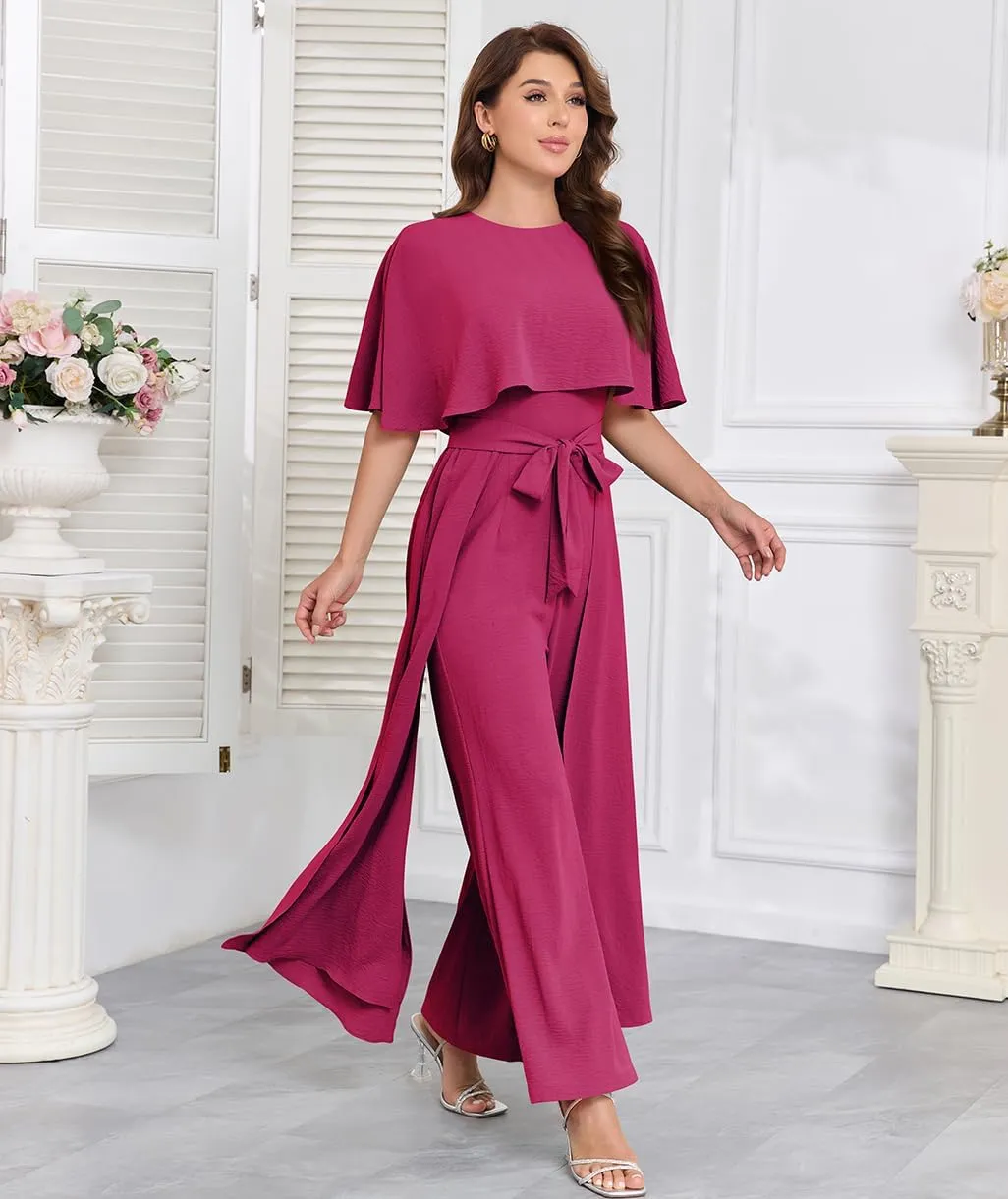 Jumpsuits for Women Dressy Summer Casual One-Piece Outfits Elegant Formal Cape Belted Wide Leg Rompers Evening Pantsuits