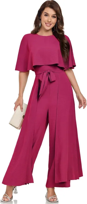 Jumpsuits for Women Dressy Summer Casual One-Piece Outfits Elegant Formal Cape Belted Wide Leg Rompers Evening Pantsuits