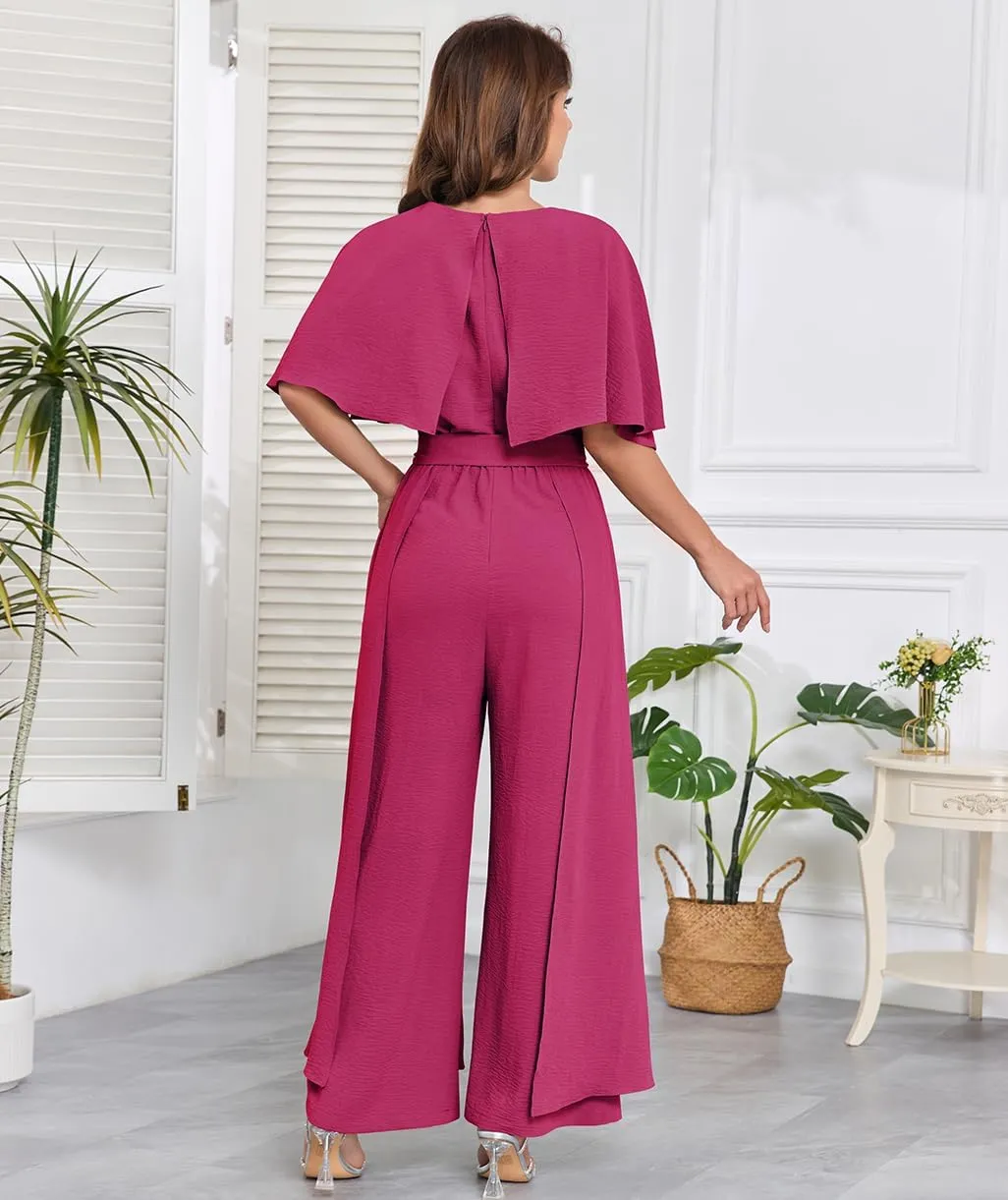 Jumpsuits for Women Dressy Summer Casual One-Piece Outfits Elegant Formal Cape Belted Wide Leg Rompers Evening Pantsuits
