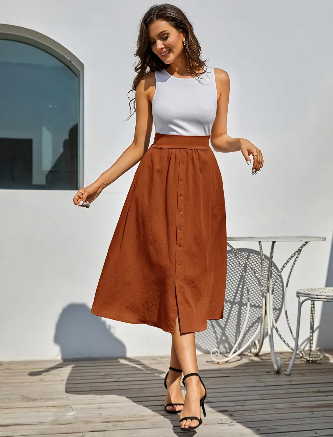 Kate Kasin Women's High Waist Midi Skirt Vintage Elastic A-Line Pleated Button Skirts with Pockets