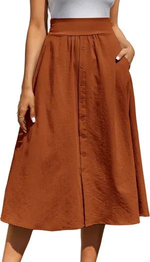 Kate Kasin Women's High Waist Midi Skirt Vintage Elastic A-Line Pleated Button Skirts with Pockets