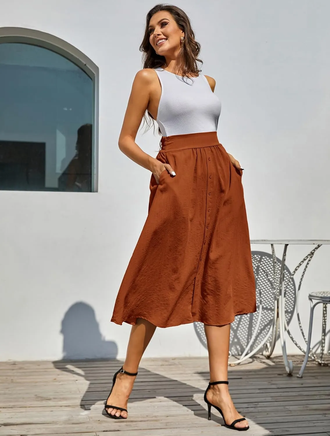 Kate Kasin Women's High Waist Midi Skirt Vintage Elastic A-Line Pleated Button Skirts with Pockets