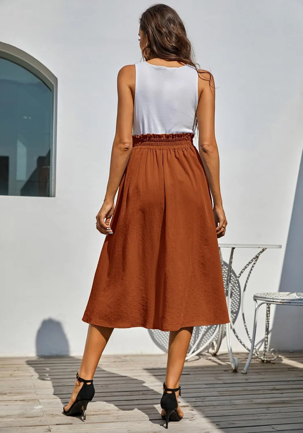 Kate Kasin Women's High Waist Midi Skirt Vintage Elastic A-Line Pleated Button Skirts with Pockets