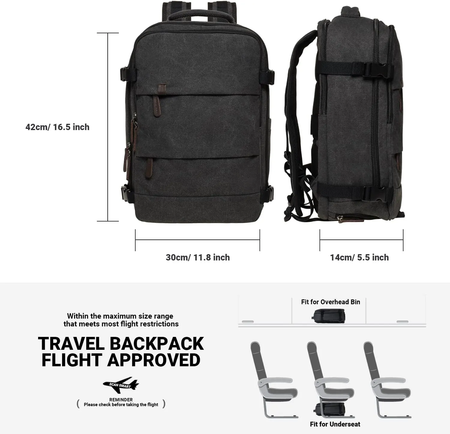 KAUKKO Canvas Travel Rucksack, Large Capacity Carry On Bag with Shoe Pouch and 15.6 inch Laptop Compartment, Flight Approved Outdoor 40L Luggage Weekender Bag, 12-BLACK