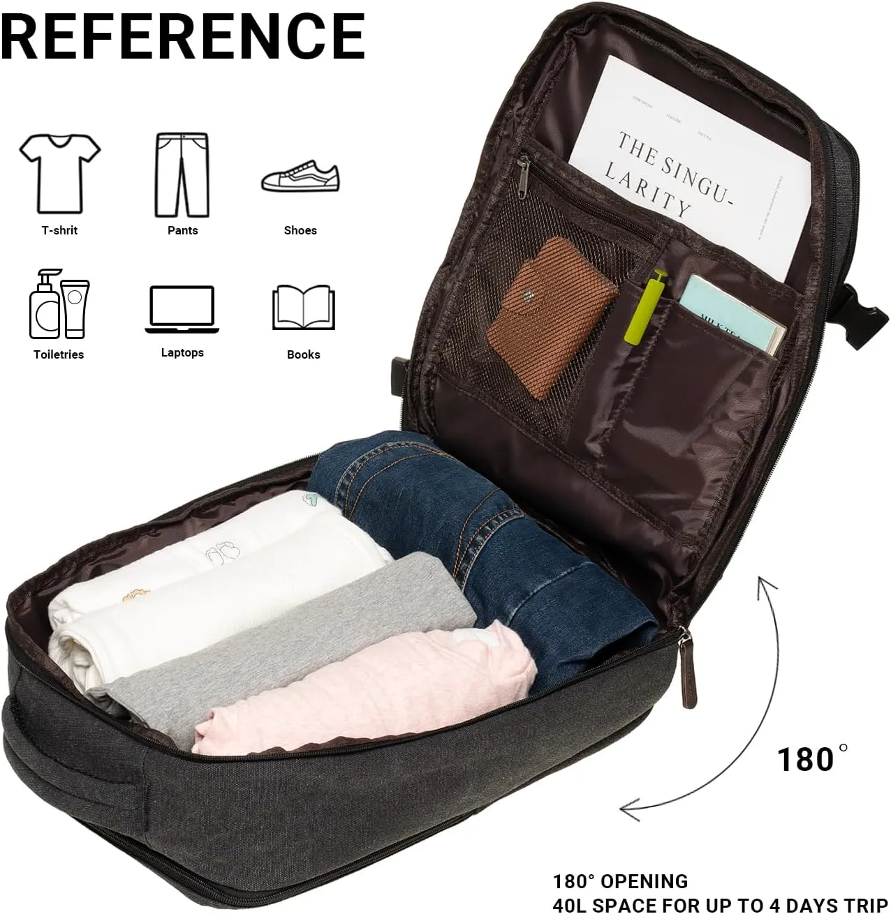 KAUKKO Canvas Travel Rucksack, Large Capacity Carry On Bag with Shoe Pouch and 15.6 inch Laptop Compartment, Flight Approved Outdoor 40L Luggage Weekender Bag, 12-BLACK