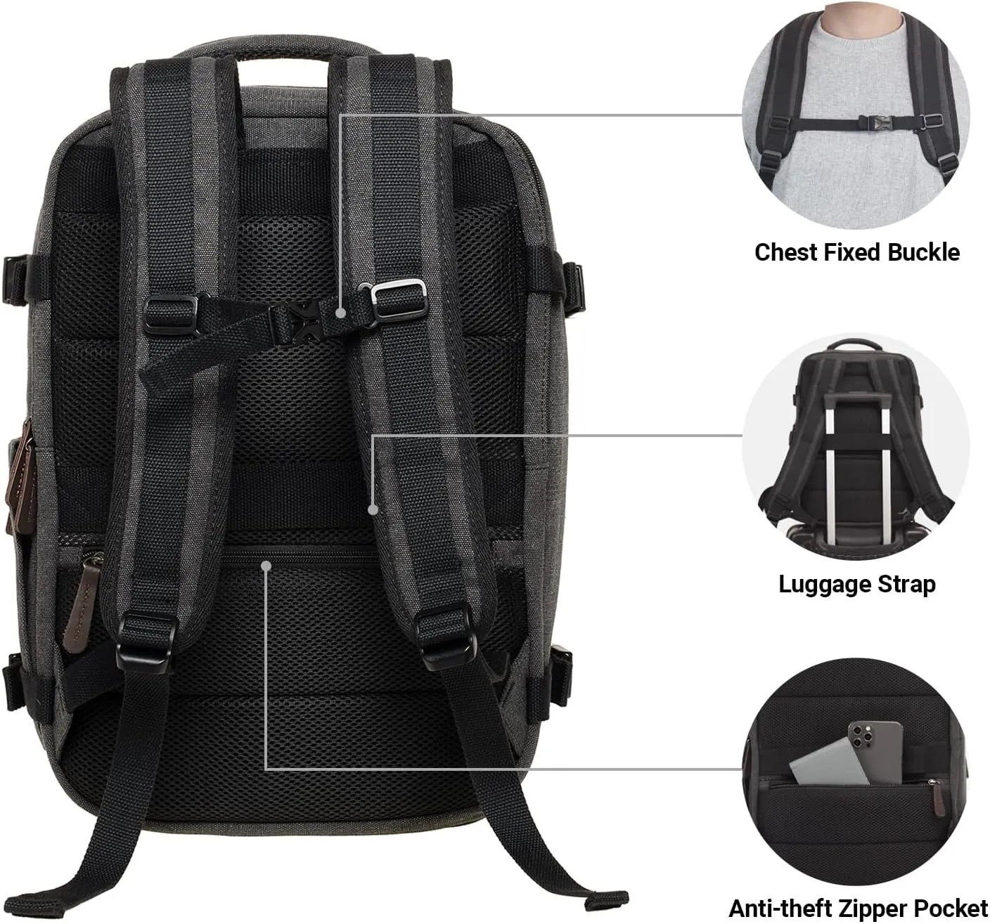 KAUKKO Canvas Travel Rucksack, Large Capacity Carry On Bag with Shoe Pouch and 15.6 inch Laptop Compartment, Flight Approved Outdoor 40L Luggage Weekender Bag, 12-BLACK