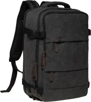 KAUKKO Canvas Travel Rucksack, Large Capacity Carry On Bag with Shoe Pouch and 15.6 inch Laptop Compartment, Flight Approved Outdoor 40L Luggage Weekender Bag, 12-BLACK