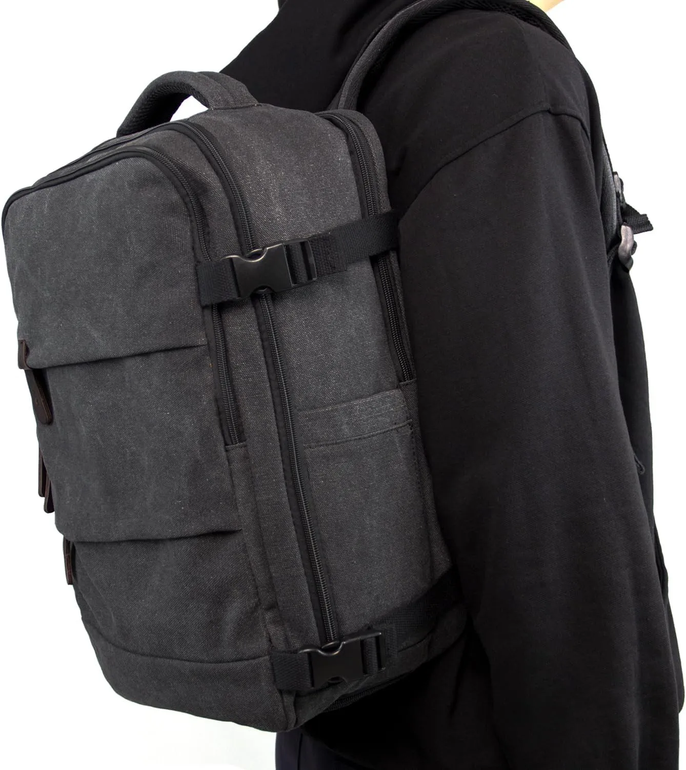 KAUKKO Canvas Travel Rucksack, Large Capacity Carry On Bag with Shoe Pouch and 15.6 inch Laptop Compartment, Flight Approved Outdoor 40L Luggage Weekender Bag, 12-BLACK