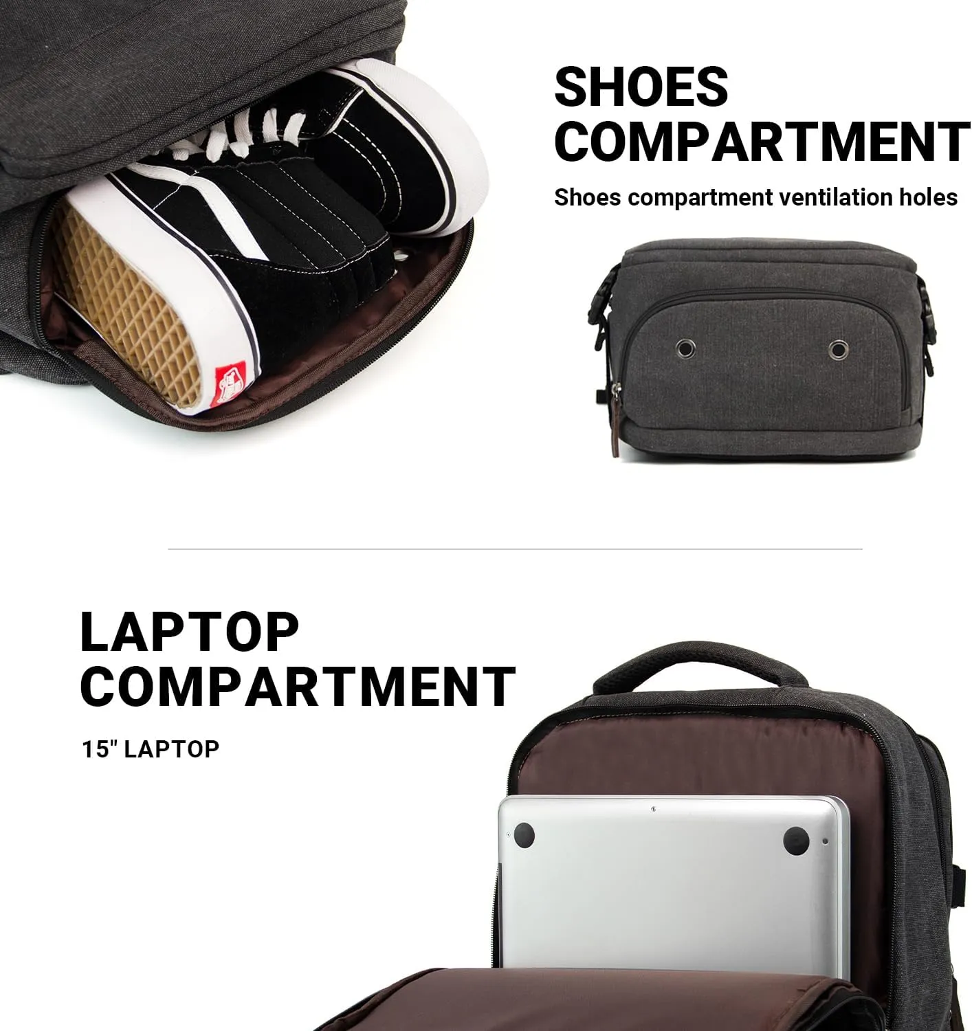 KAUKKO Canvas Travel Rucksack, Large Capacity Carry On Bag with Shoe Pouch and 15.6 inch Laptop Compartment, Flight Approved Outdoor 40L Luggage Weekender Bag, 12-BLACK
