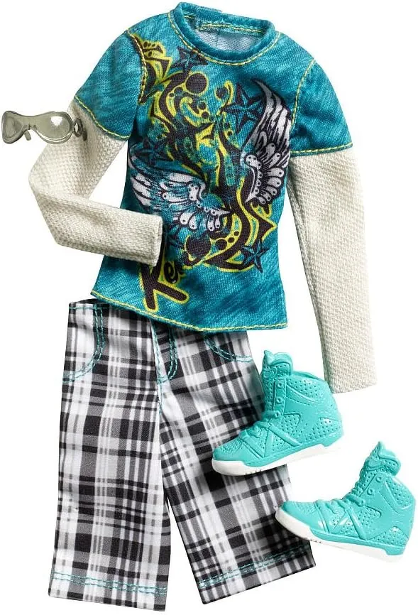 Ken Fashion Clothing - Long Sleeved Teal Printed Shirt with Plaid Board shorts