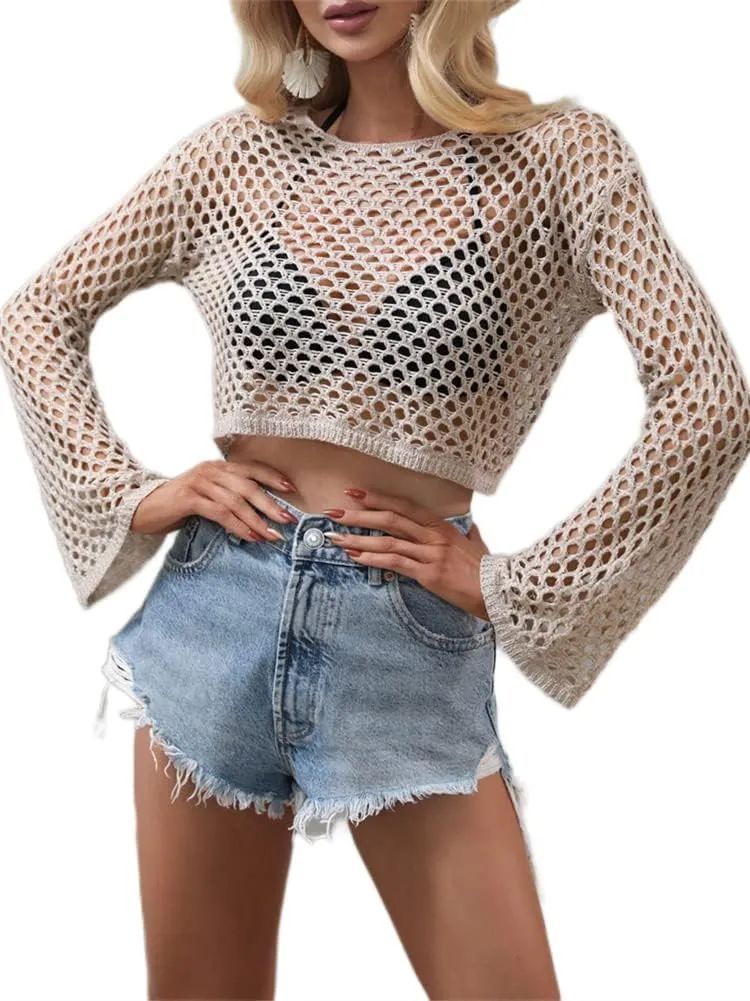 KEOMUD Women Mesh Crochet Crop Top Long Sleeve Hollow Out Knit Sweater Bikini Beach See Through Cover Ups