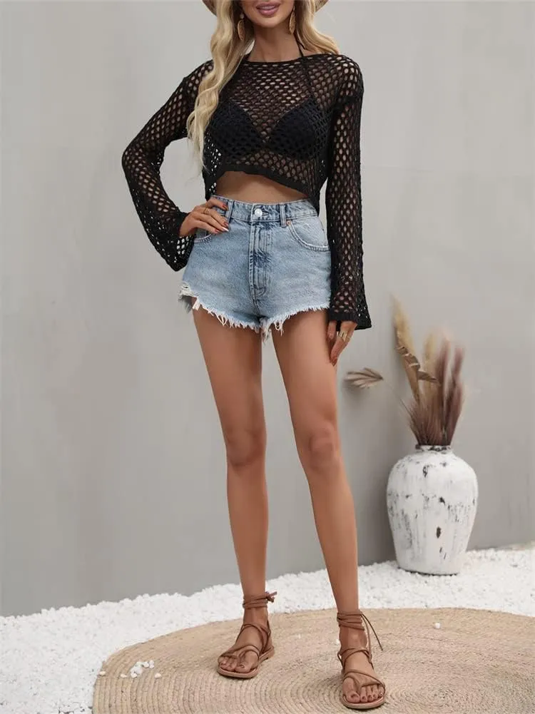KEOMUD Women Mesh Crochet Crop Top Long Sleeve Hollow Out Knit Sweater Bikini Beach See Through Cover Ups