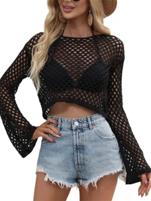 KEOMUD Women Mesh Crochet Crop Top Long Sleeve Hollow Out Knit Sweater Bikini Beach See Through Cover Ups
