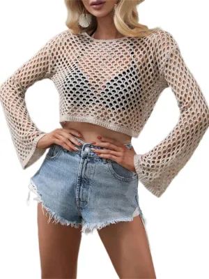 KEOMUD Women Mesh Crochet Crop Top Long Sleeve Hollow Out Knit Sweater Bikini Beach See Through Cover Ups