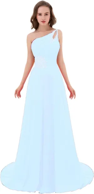 Kivary Long A Line Beaded One Shoulder Formal Corset Prom Evening Dresses