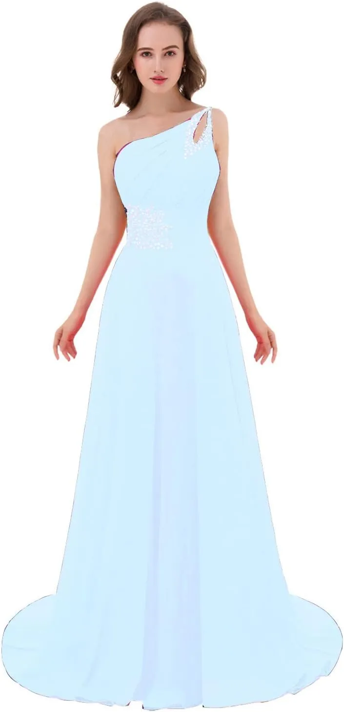 Kivary Long A Line Beaded One Shoulder Formal Corset Prom Evening Dresses