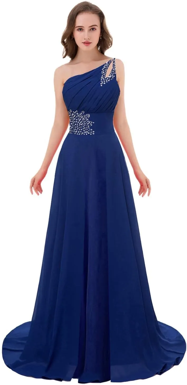 Kivary Long A Line Beaded One Shoulder Formal Corset Prom Evening Dresses
