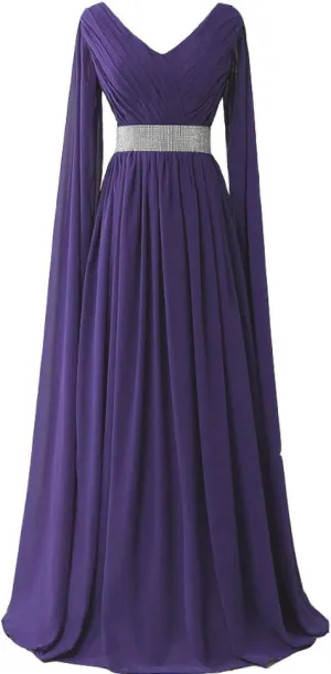 Kivary V Neck Long Sleeves Chiffon A Line Goddess Prom Vintage Evening Dresses