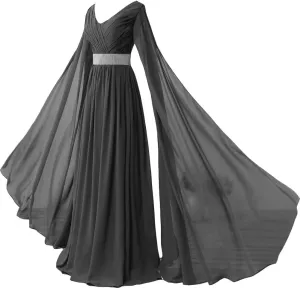 Kivary V Neck Long Sleeves Chiffon A Line Goddess Prom Vintage Evening Dresses