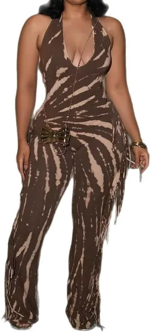 ksotutm Casual Jumpsuits for Women U Neck Tank Top Flared Pants Elegant Fringe Print Romper Sexy Jumpsuits for Going Out