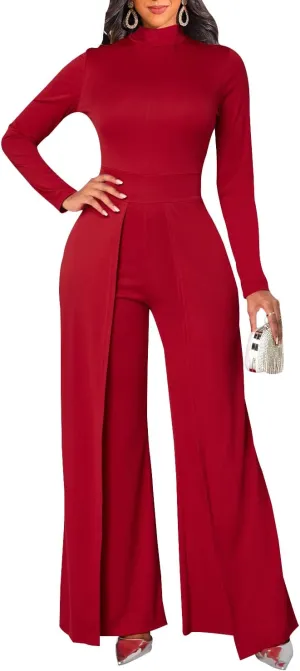 LaiyiVic Jumpsuits for Women Elegant Formal Turtle Neck Sexy One Piece Wide Leg Pants Rompers