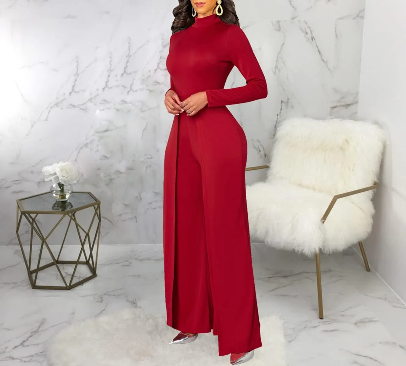LaiyiVic Jumpsuits for Women Elegant Formal Turtle Neck Sexy One Piece Wide Leg Pants Rompers