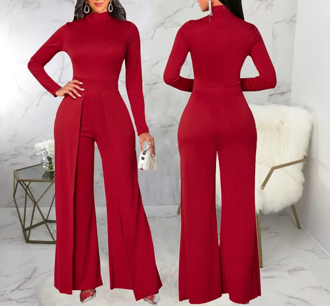 LaiyiVic Jumpsuits for Women Elegant Formal Turtle Neck Sexy One Piece Wide Leg Pants Rompers