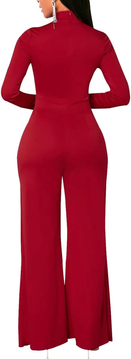 LaiyiVic Jumpsuits for Women Elegant Formal Turtle Neck Sexy One Piece Wide Leg Pants Rompers
