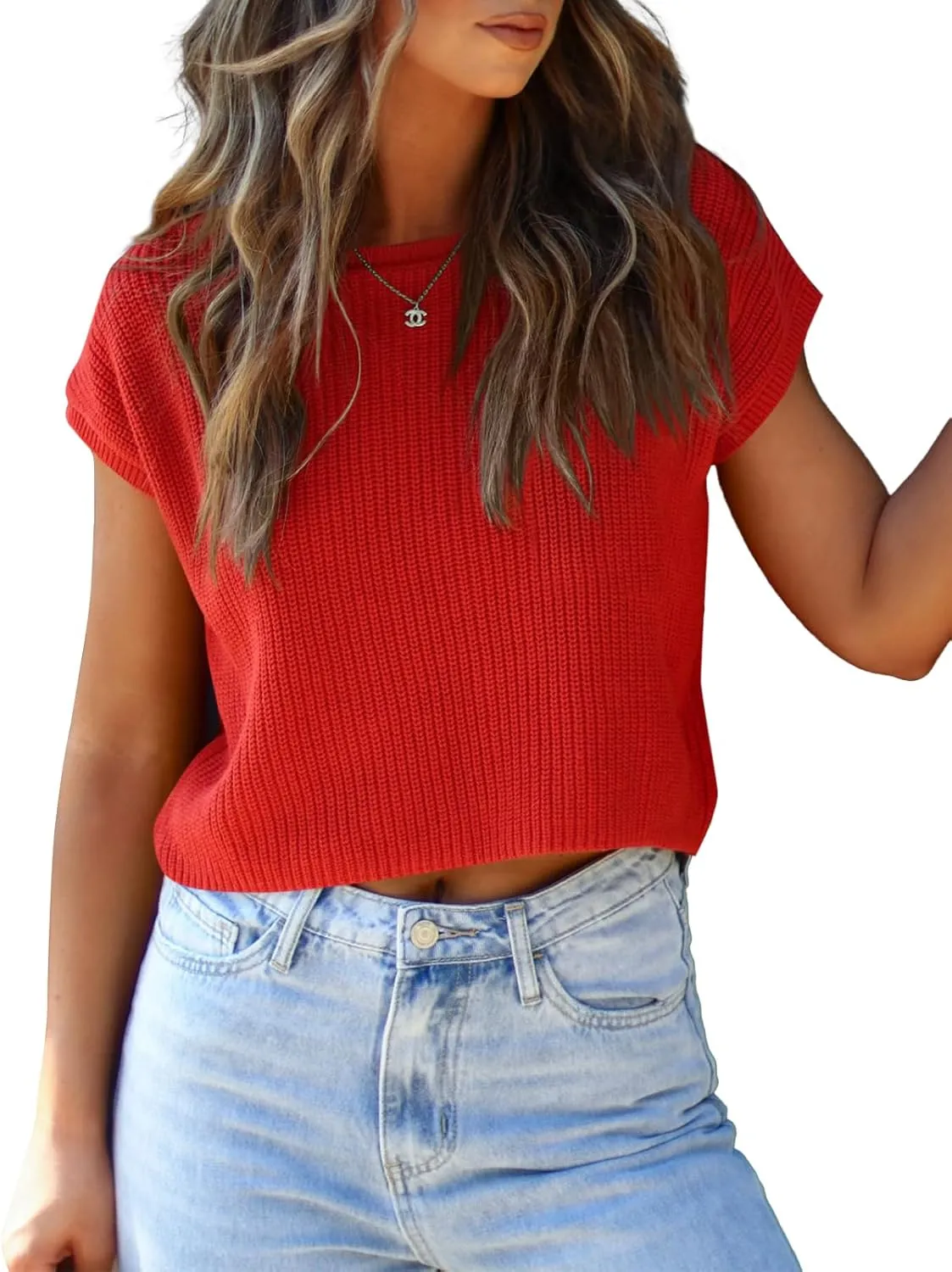 LCXWFE Womens Summer Cropped Sweater Vest Trendy Cap Sleeve Crop Tops Crew Neck Loose Knit Tank Top