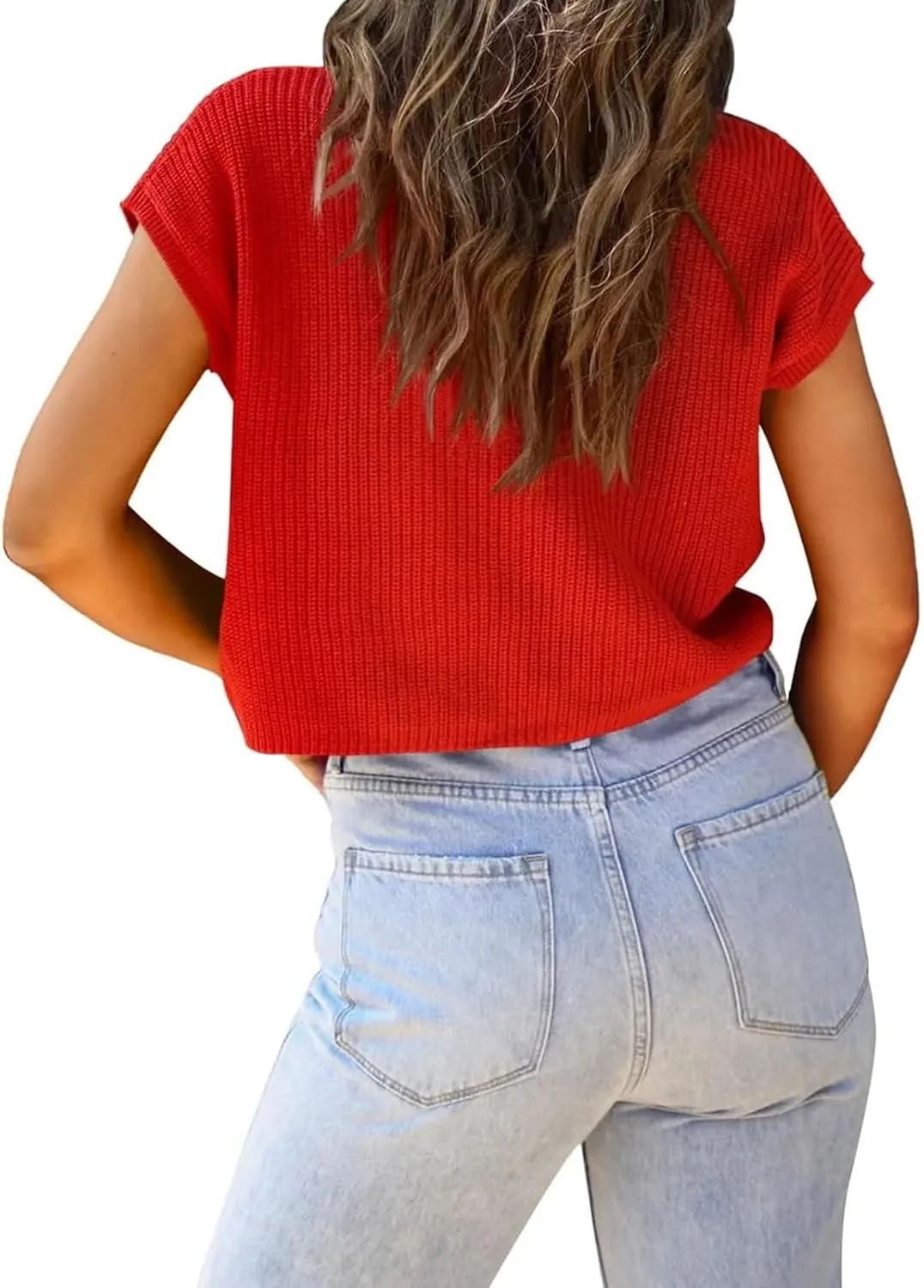 LCXWFE Womens Summer Cropped Sweater Vest Trendy Cap Sleeve Crop Tops Crew Neck Loose Knit Tank Top
