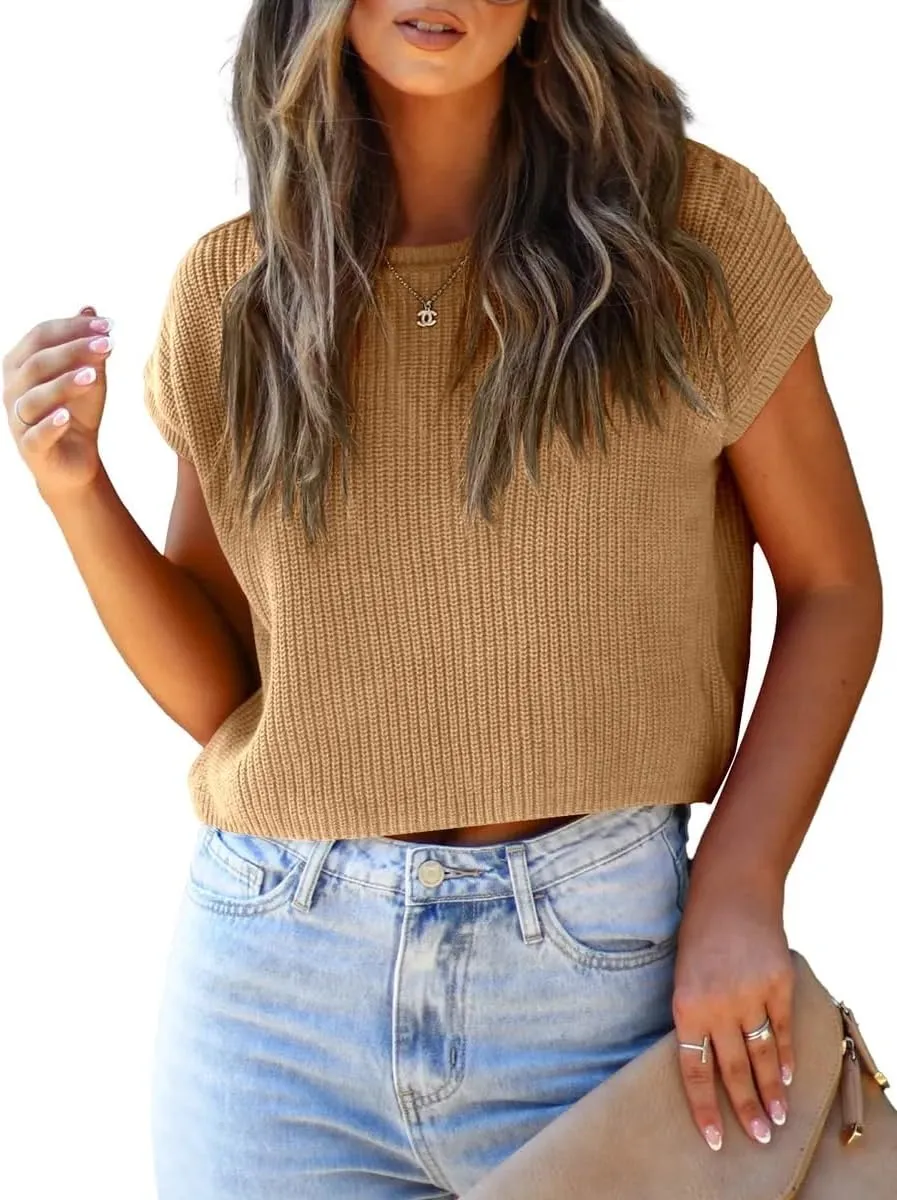 LCXWFE Womens Summer Cropped Sweater Vest Trendy Cap Sleeve Crop Tops Crew Neck Loose Knit Tank Top