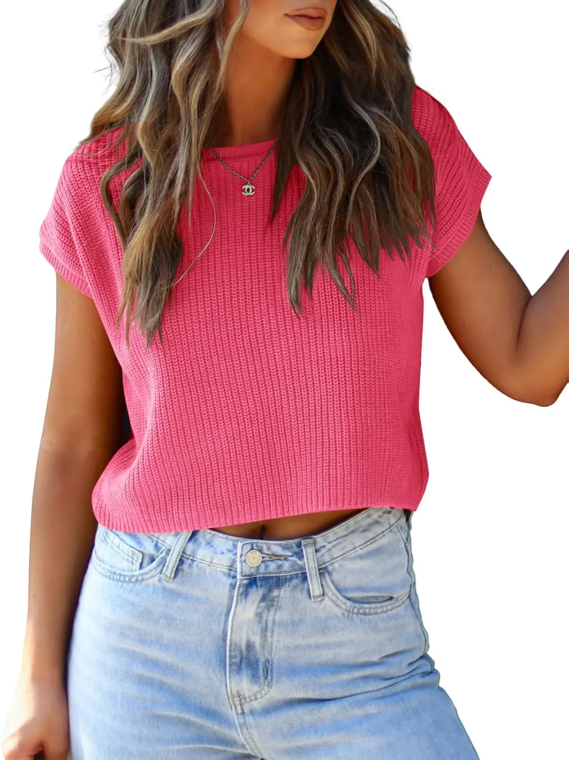 LCXWFE Womens Summer Cropped Sweater Vest Trendy Cap Sleeve Crop Tops Crew Neck Loose Knit Tank Top