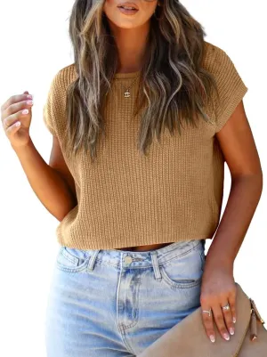 LCXWFE Womens Summer Cropped Sweater Vest Trendy Cap Sleeve Crop Tops Crew Neck Loose Knit Tank Top