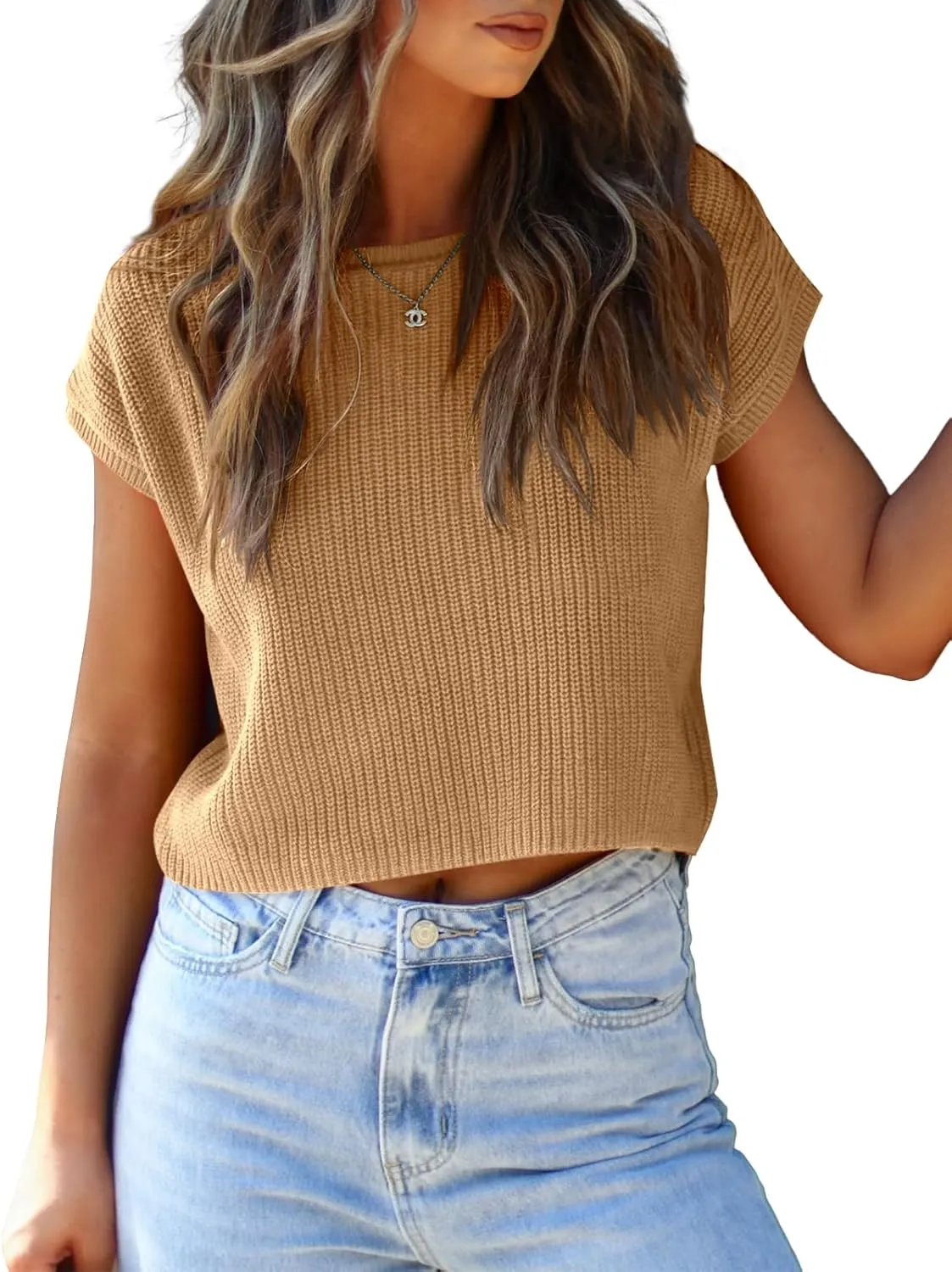 LCXWFE Womens Summer Cropped Sweater Vest Trendy Cap Sleeve Crop Tops Crew Neck Loose Knit Tank Top