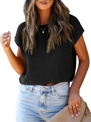 LCXWFE Womens Summer Cropped Sweater Vest Trendy Cap Sleeve Crop Tops Crew Neck Loose Knit Tank Top