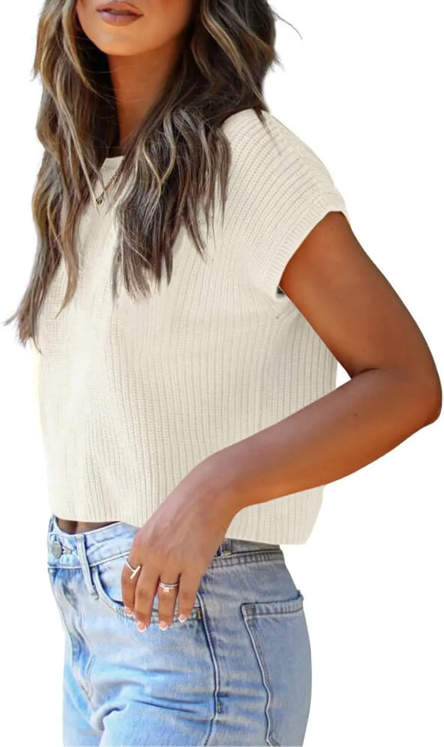 LCXWFE Womens Summer Cropped Sweater Vest Trendy Cap Sleeve Crop Tops Crew Neck Loose Knit Tank Top