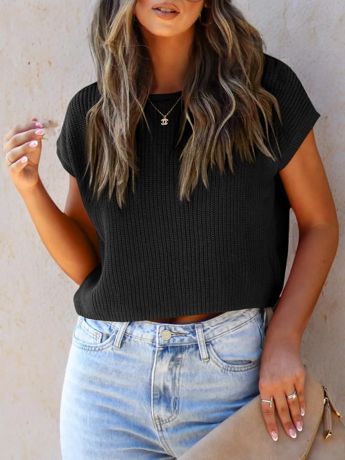 LCXWFE Womens Summer Cropped Sweater Vest Trendy Cap Sleeve Crop Tops Crew Neck Loose Knit Tank Top