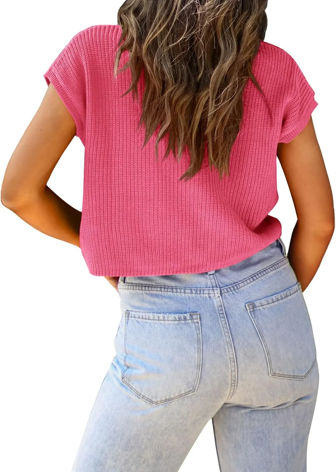 LCXWFE Womens Summer Cropped Sweater Vest Trendy Cap Sleeve Crop Tops Crew Neck Loose Knit Tank Top