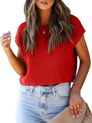 LCXWFE Womens Summer Cropped Sweater Vest Trendy Cap Sleeve Crop Tops Crew Neck Loose Knit Tank Top