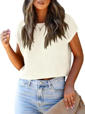 LCXWFE Womens Summer Cropped Sweater Vest Trendy Cap Sleeve Crop Tops Crew Neck Loose Knit Tank Top