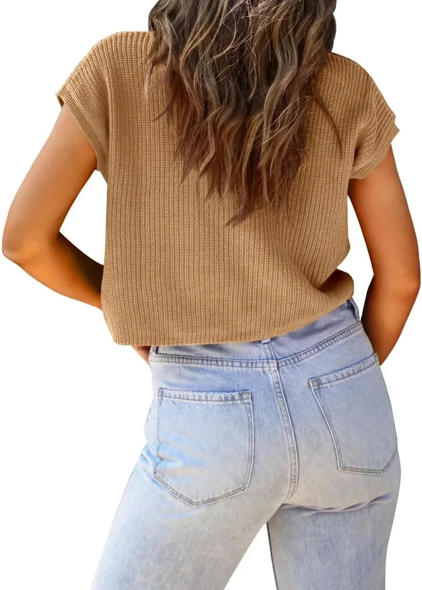 LCXWFE Womens Summer Cropped Sweater Vest Trendy Cap Sleeve Crop Tops Crew Neck Loose Knit Tank Top