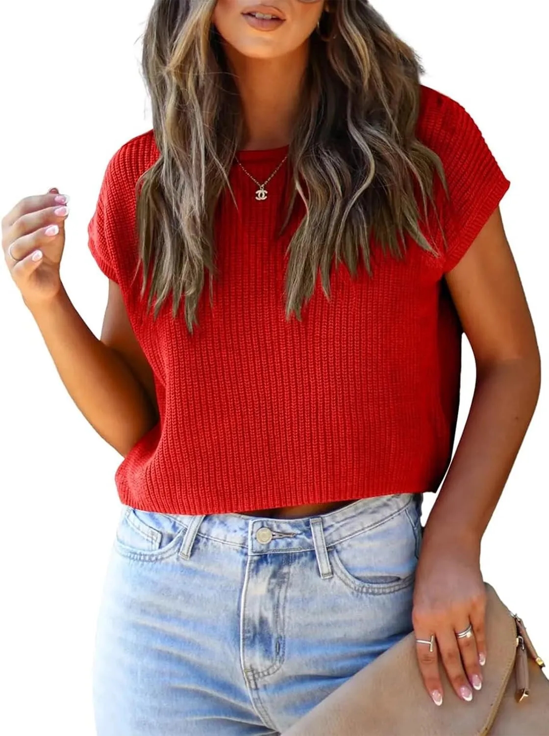 LCXWFE Womens Summer Cropped Sweater Vest Trendy Cap Sleeve Crop Tops Crew Neck Loose Knit Tank Top