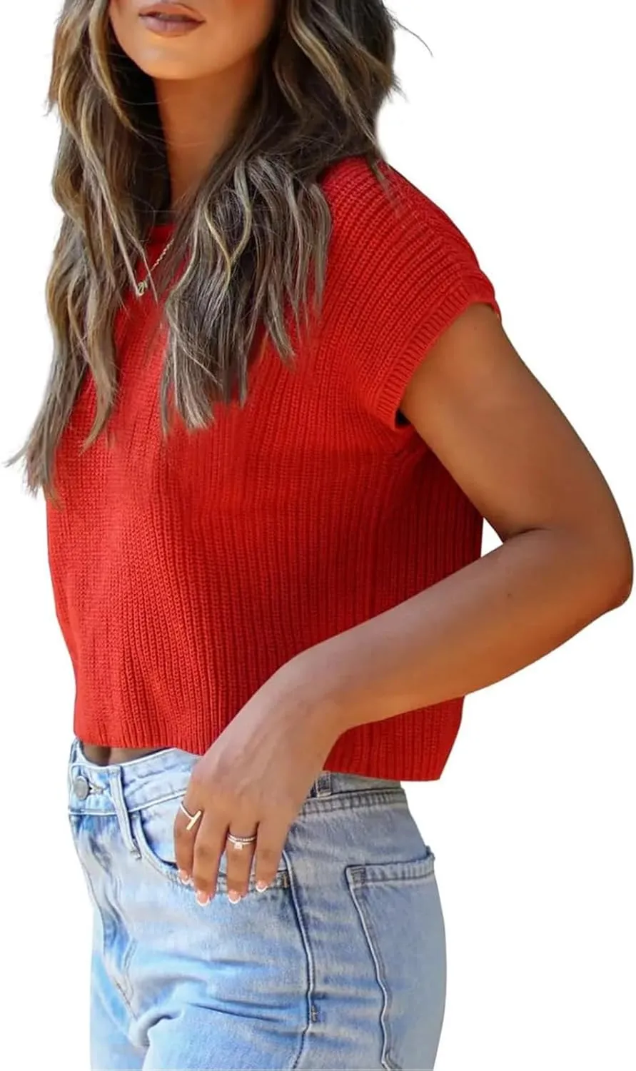 LCXWFE Womens Summer Cropped Sweater Vest Trendy Cap Sleeve Crop Tops Crew Neck Loose Knit Tank Top