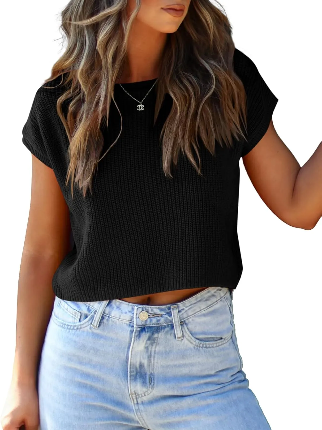 LCXWFE Womens Summer Cropped Sweater Vest Trendy Cap Sleeve Crop Tops Crew Neck Loose Knit Tank Top