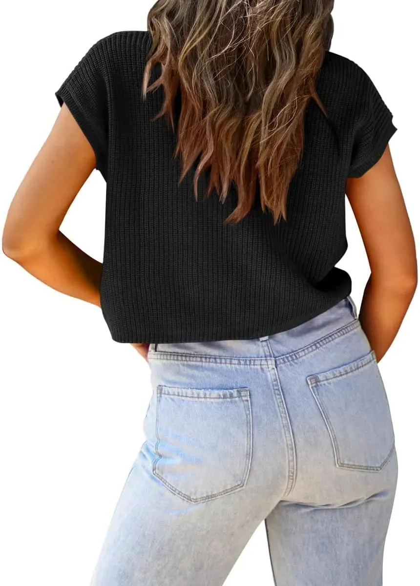 LCXWFE Womens Summer Cropped Sweater Vest Trendy Cap Sleeve Crop Tops Crew Neck Loose Knit Tank Top