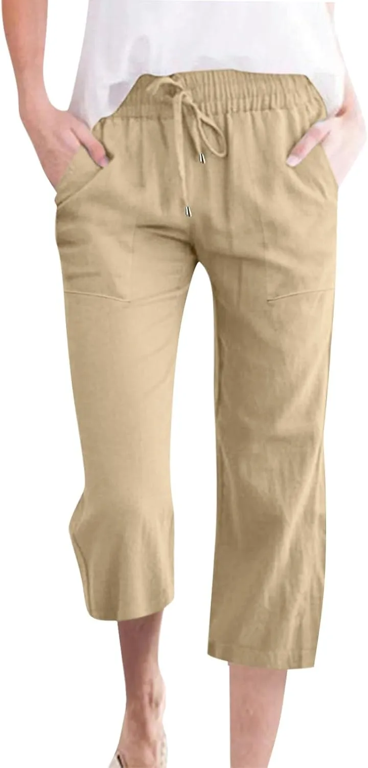 Linen Pants Cropped Pants Cotton Linen High Waisted Dressy Trousers Loose Summer Lounge Trousers