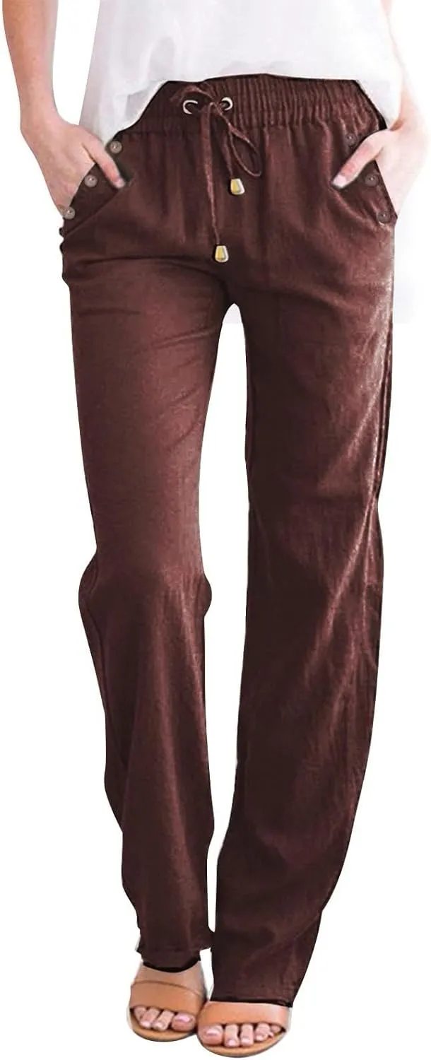 Linen Pants Women 2025 Summer Drawstring Elastic High Waisted Straight Leg Trousers Baggy Lounge Pants with Pockets