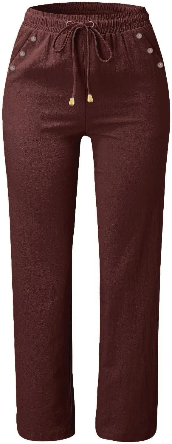 Linen Pants Women 2025 Summer Drawstring Elastic High Waisted Straight Leg Trousers Baggy Lounge Pants with Pockets